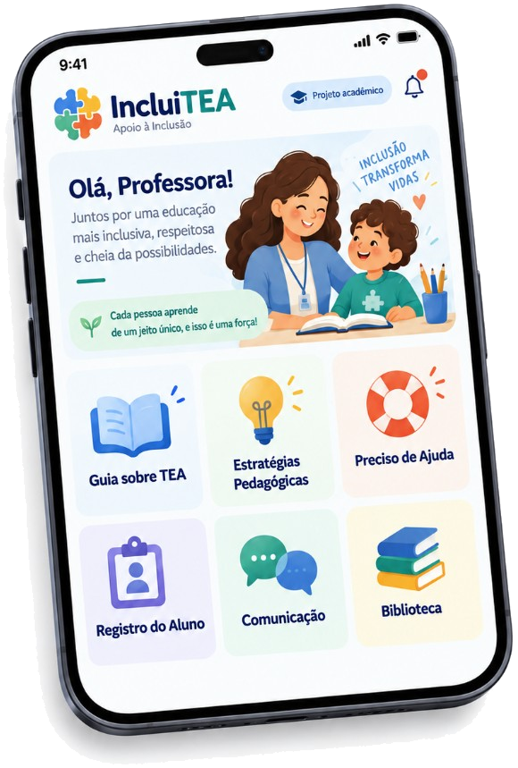 Tela inicial do IncluiTEA, com saudação e os atalhos do aplicativo.